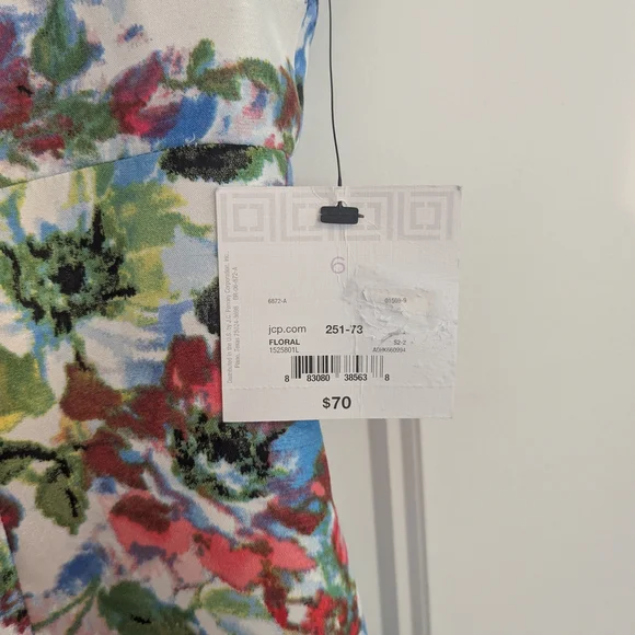 Liz Claiborne White Floral Midi Dress with Blue, Red and Green Print. Size 6. - Picture 2 of 8